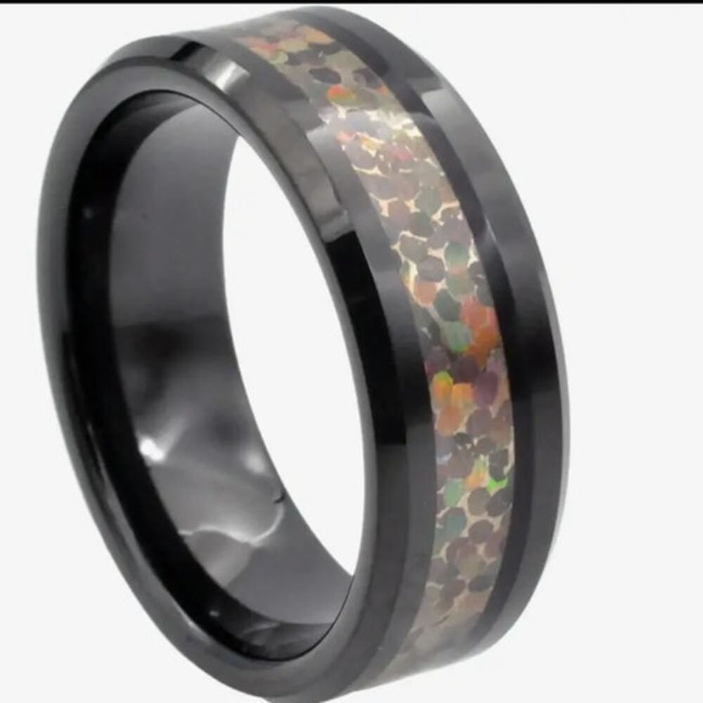 Men's Black Tungsten 8mm Band Ring with Fire Opal Inlay